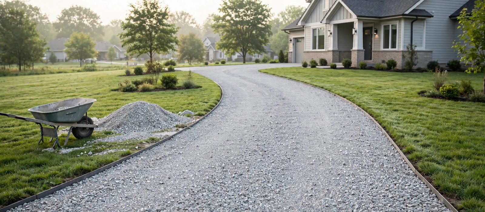 Freshly built gravel driveway with steel edging, a wheelbarrow and a pile of crusher run gravel