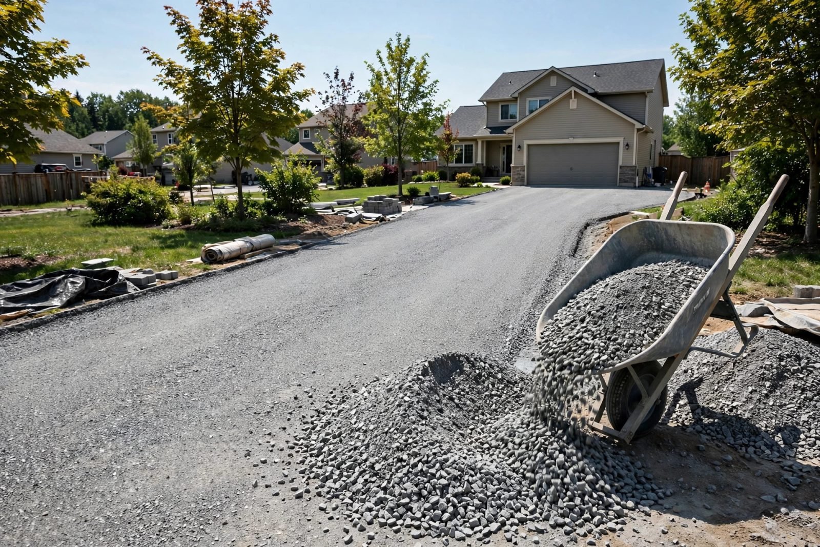 Wheelbarrow tipping gravel onto a new gravel driveway