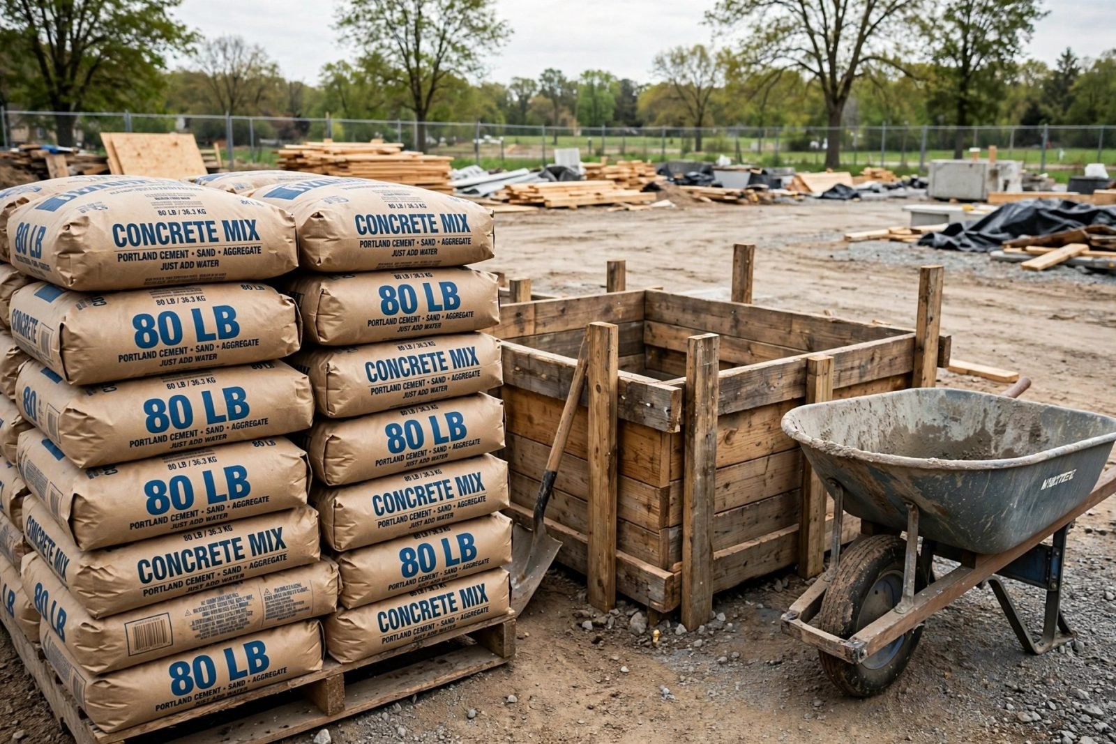 Stacked bags of concrete mix beside a formed 10 x 10 ft slab, ready to mix and pour