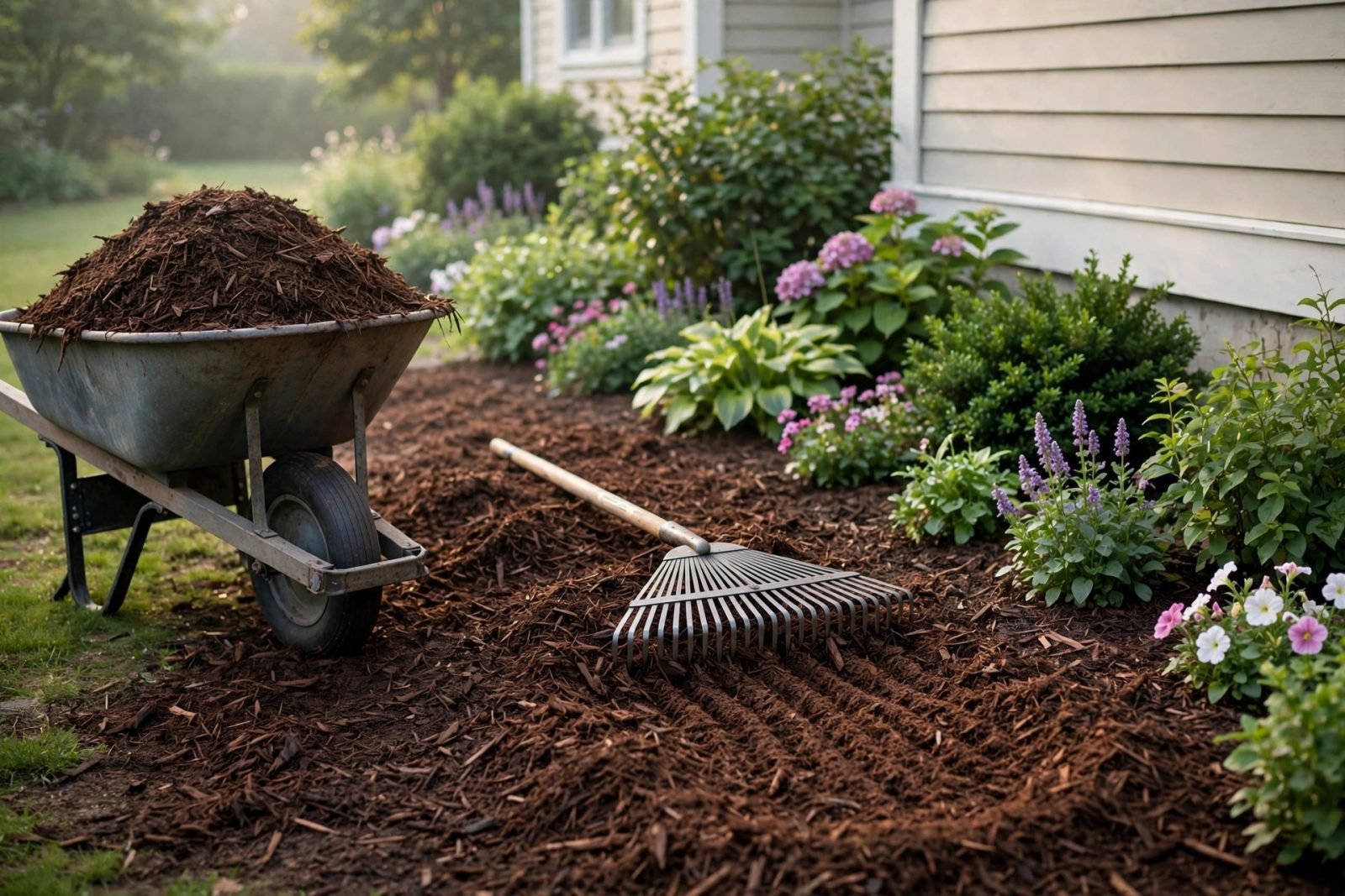 Wheelbarrow of bark mulch beside a freshly mulched garden bed with shrubs, ready to spread