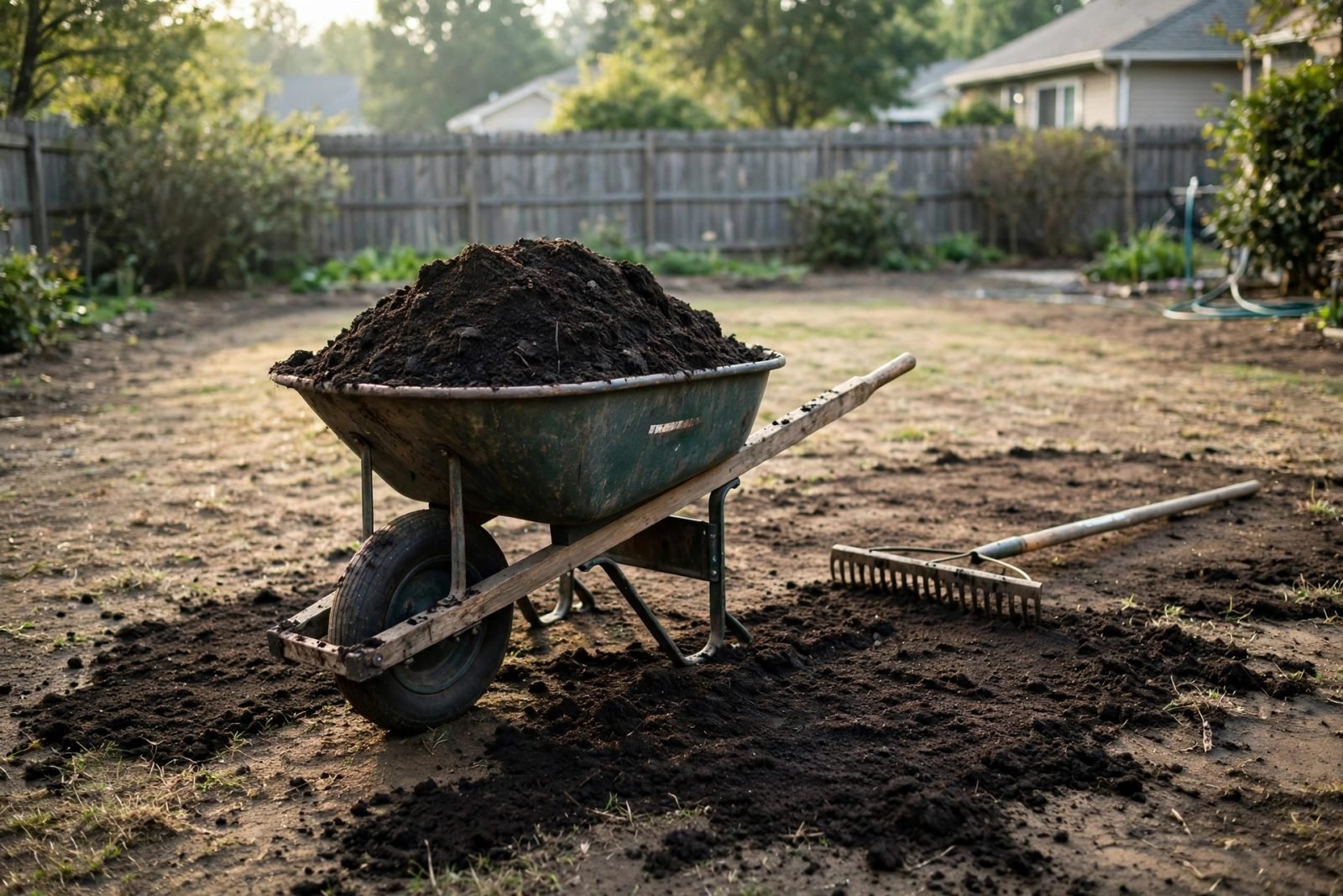 Wheelbarrow of dark topsoil in a backyard being prepared for a new lawn, showing how much topsoil you need for a project like this