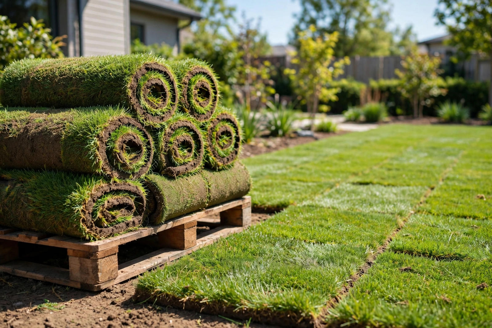 Fresh rolls of sod stacked on a pallet beside a newly laid lawn