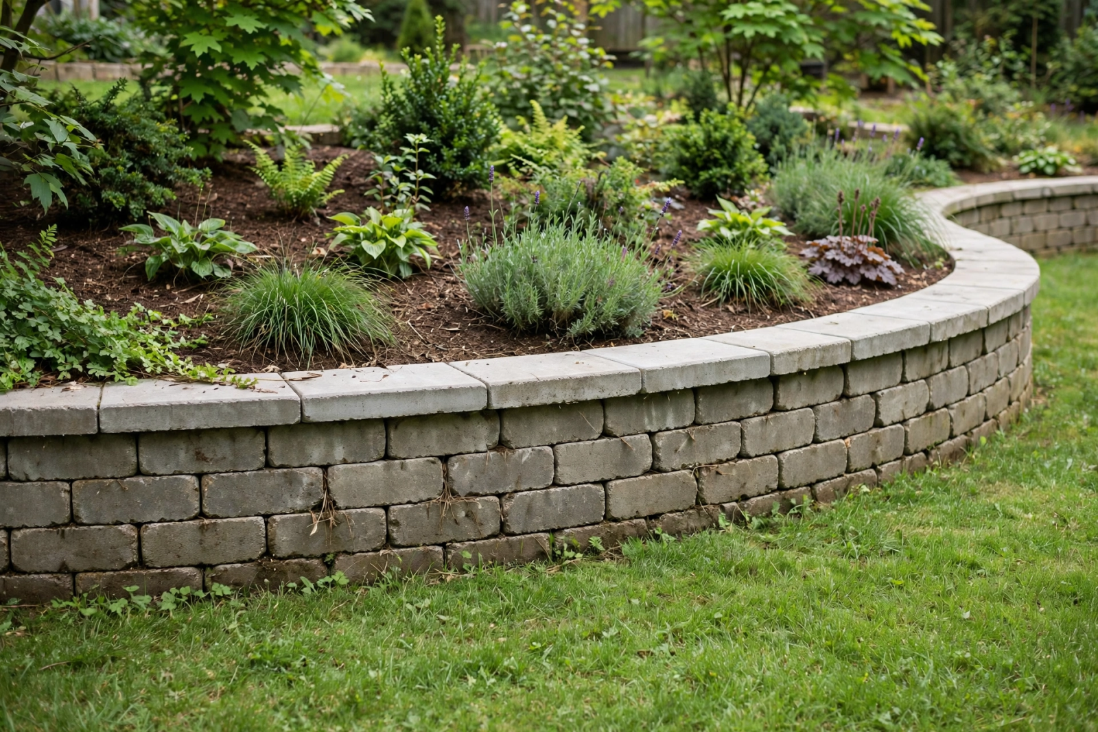 Segmental concrete block retaining wall with cap blocks in a landscaped garden.